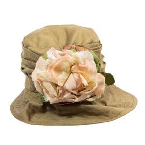 Charles Jourdan by Kokin Vintage Brown fabric Hat With pink Flower NWOT